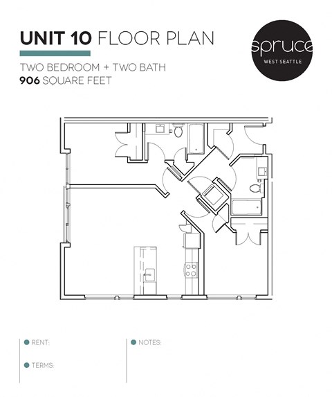 Floor plan for 2 beds, 2 baths, 906 sqft